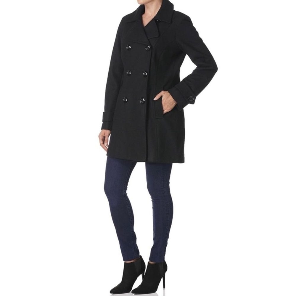 Nine West Women's Coat Size 8 Black Double‎ Breasted Wool Pea Coat Minimalist